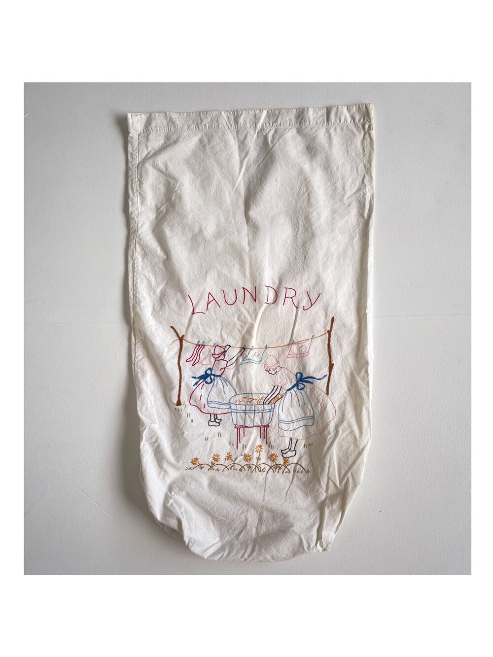 Vtg 50s Hand Stitched Embroidered Cotton Laundry Sack Bag / Textile Craft Linens